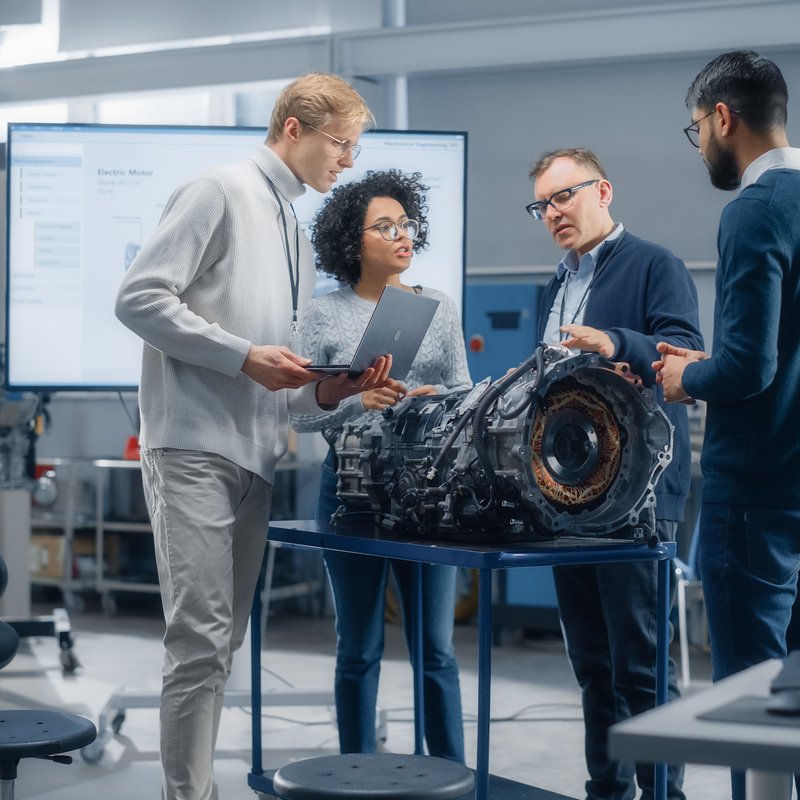 Informations- und Kommunikationstechnik: Eine Gruppe von Mitarbeitern nimmt an einer Videokonferenz mit einem Ingenieur Teil, der Pläne erläutert.